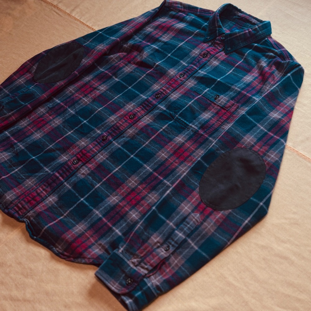 J.Crew Mens Large Plaid Flannel Shirt Elbow Patches Green Burgundy Button Down